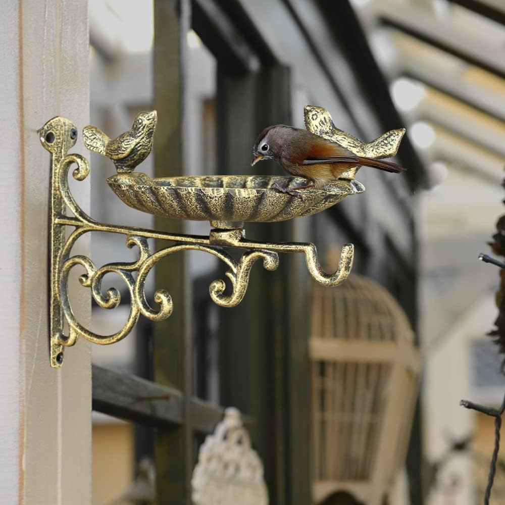 Cast Iron Wall Bird Feeder,Gold Wild Life Birds Bath for Outdoors,Pati