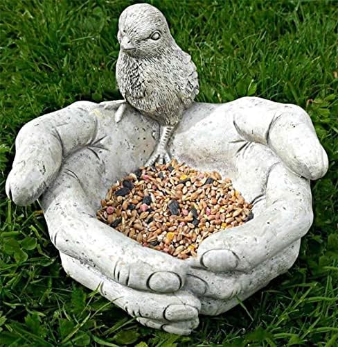 EatingBiting 7.5" Bird Bath Feeder in Hands Stone Garden Patio Ornament Water Decor Hand-Shaped Creative Resin Bird Feeder Outdoor Garden Decorations Ornaments for Porch Pathway Yard