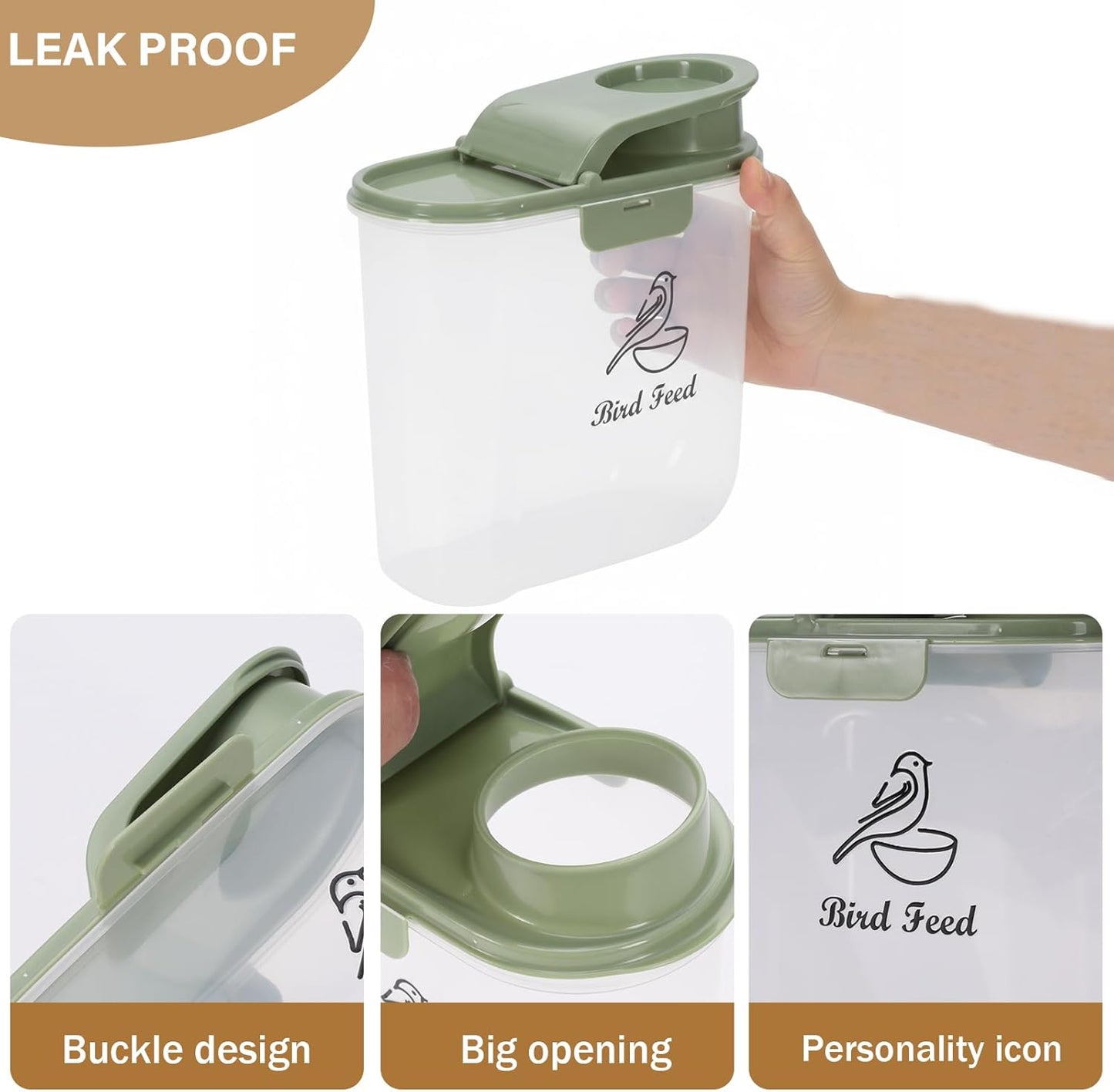 Bird Seed Storage Container, 2.1 Qt/2 L, Airtight, Flip Lid & Pour Spout, Bird Food Container with Scale for Sunflower Seeds, Portable Travel Kibble Storage Dispenser for Small Animal, Green