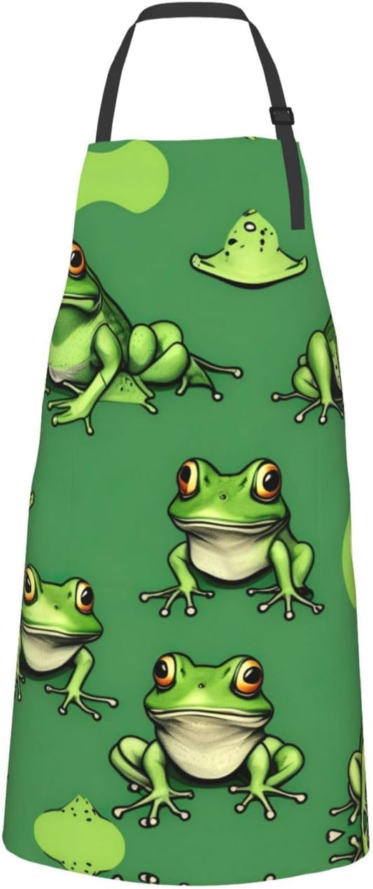 Funny Green Frogs print Waterproof chef's apron with pocket apron for kitchen cooking baking barbecue and gardening