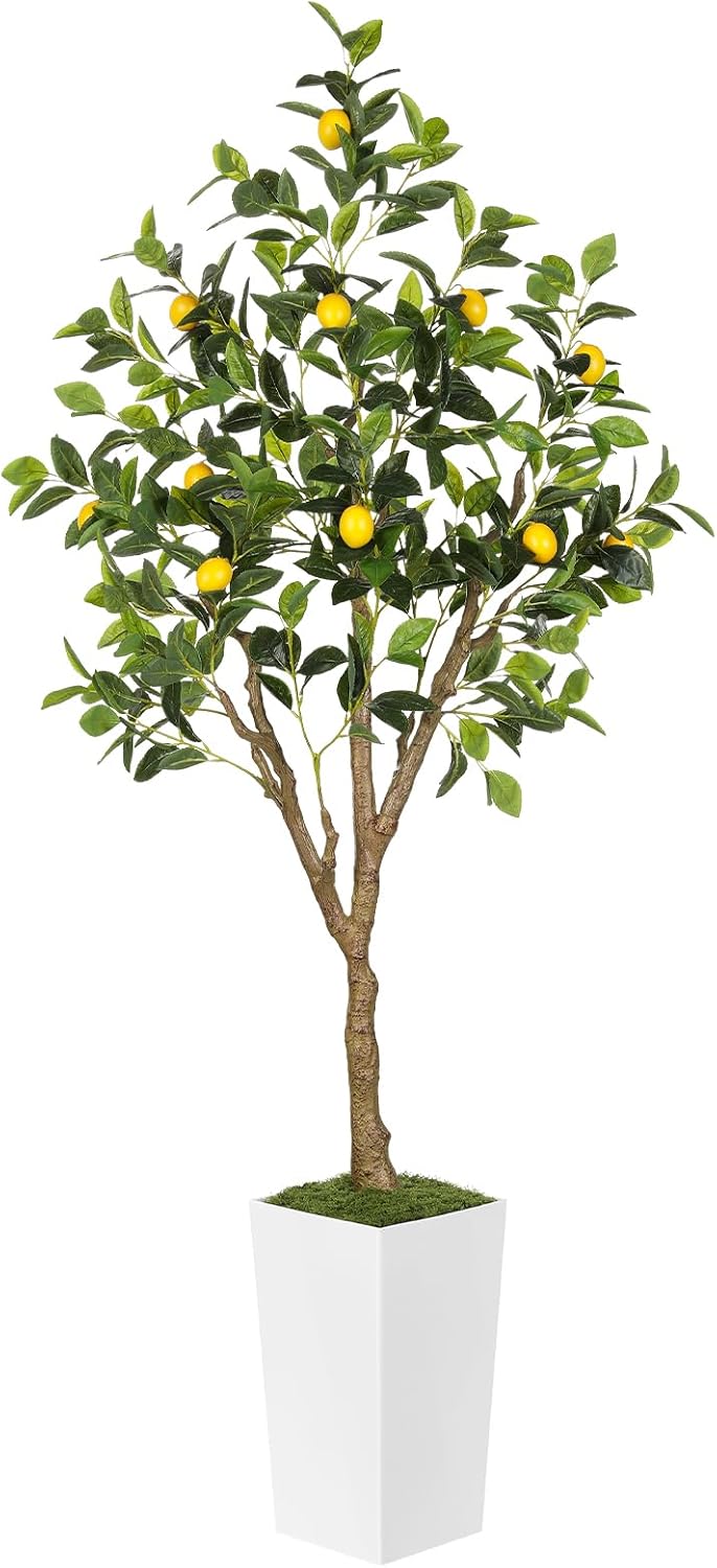 6FT Artificial Lemon Tree with Pot, Fake Lemon Tree with White Tall Planter, Faux Lemon Plant with Realistic Fruits and Silk Leaves, Artificial Plants Indoor for Home Office Kitchen Decor