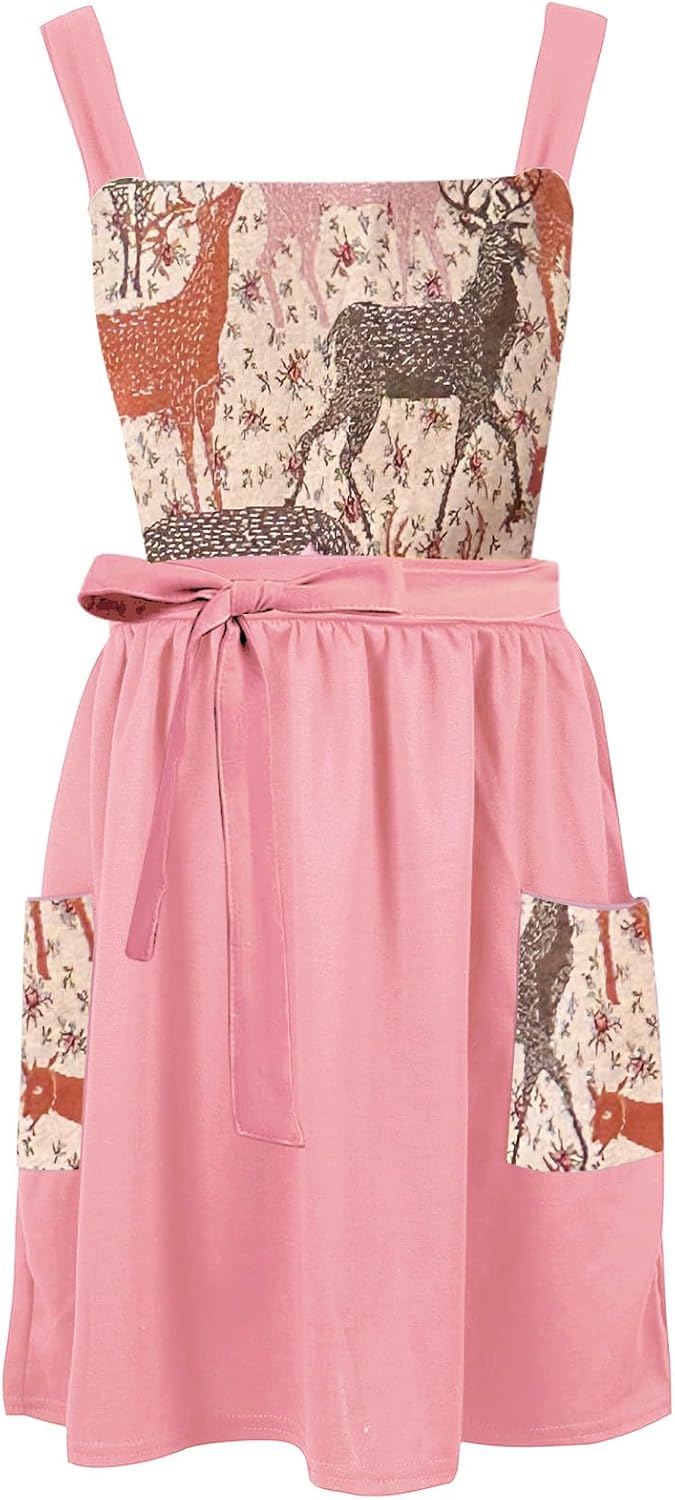 Kitchen Apron with Pockets, Womens Pinafore Dress, Floral Apron for Cooking Gardening, Gift for Mom, Wife, Girlfriend
