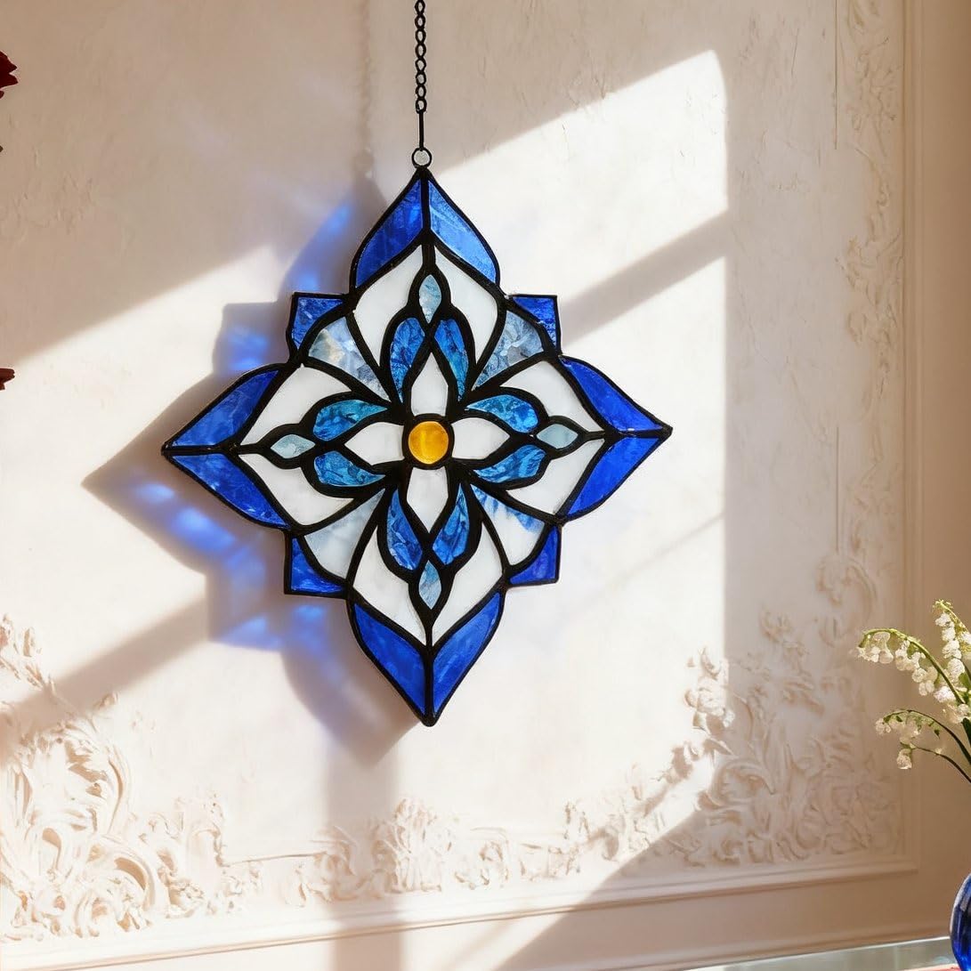 Stained Glass Window Hangings, Tiffany Style Window Panel Suncatchers Blue Art Flower
