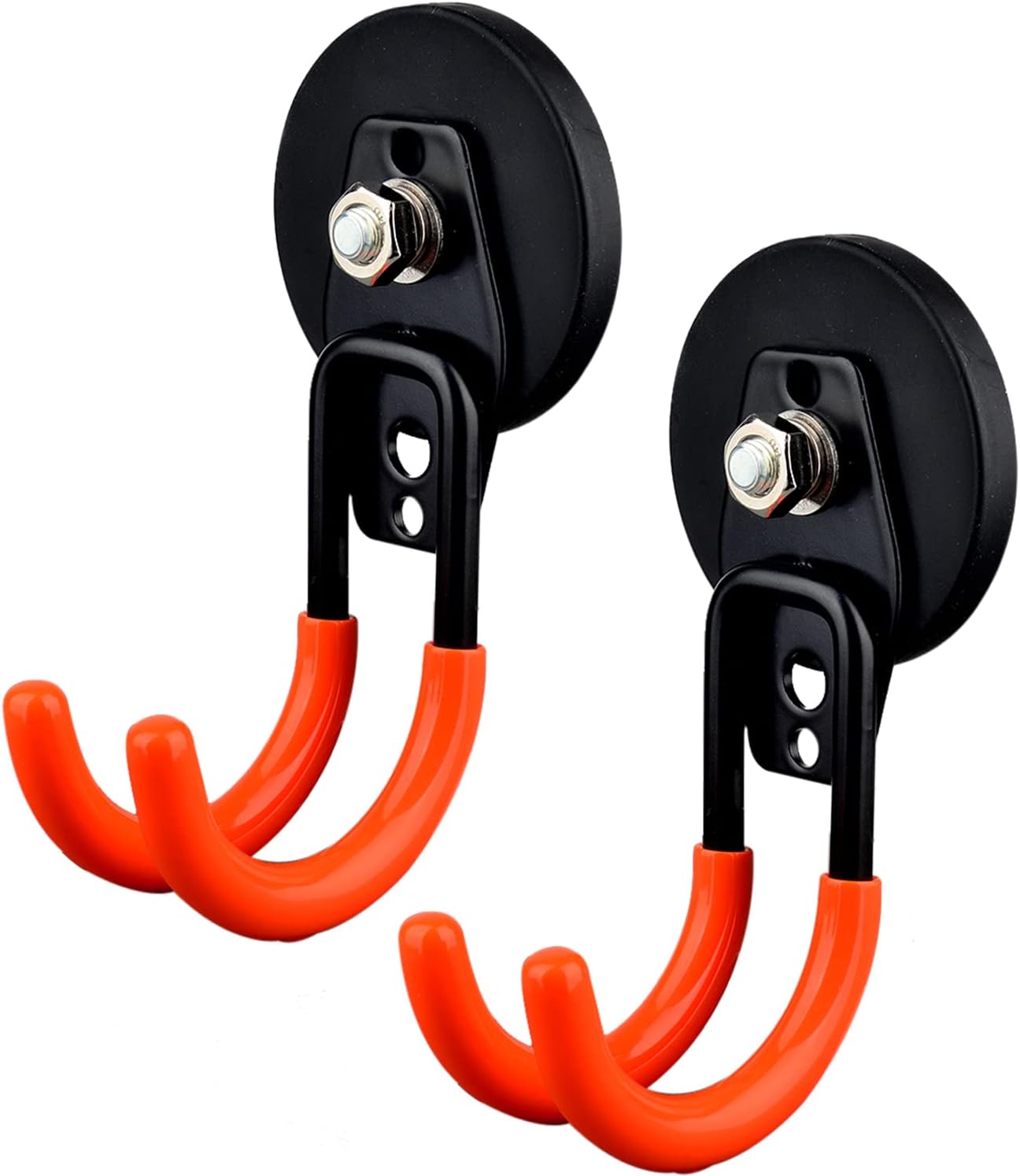 MUTUACTOR Magnetic Hooks Heavy Duty,Strong Anti-Slip Rubber Coated Magnet with Double Garage Hooks,Sturdy Utility Storage Hooks for Workbench Pegboard Garden Hose Toolbox(2PCS,J-Shape,Orange)