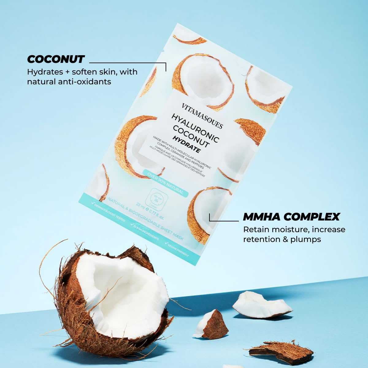 Vitamasques Biodegradable Coconut Face Mask, Hydrating Hyaluronic Acid