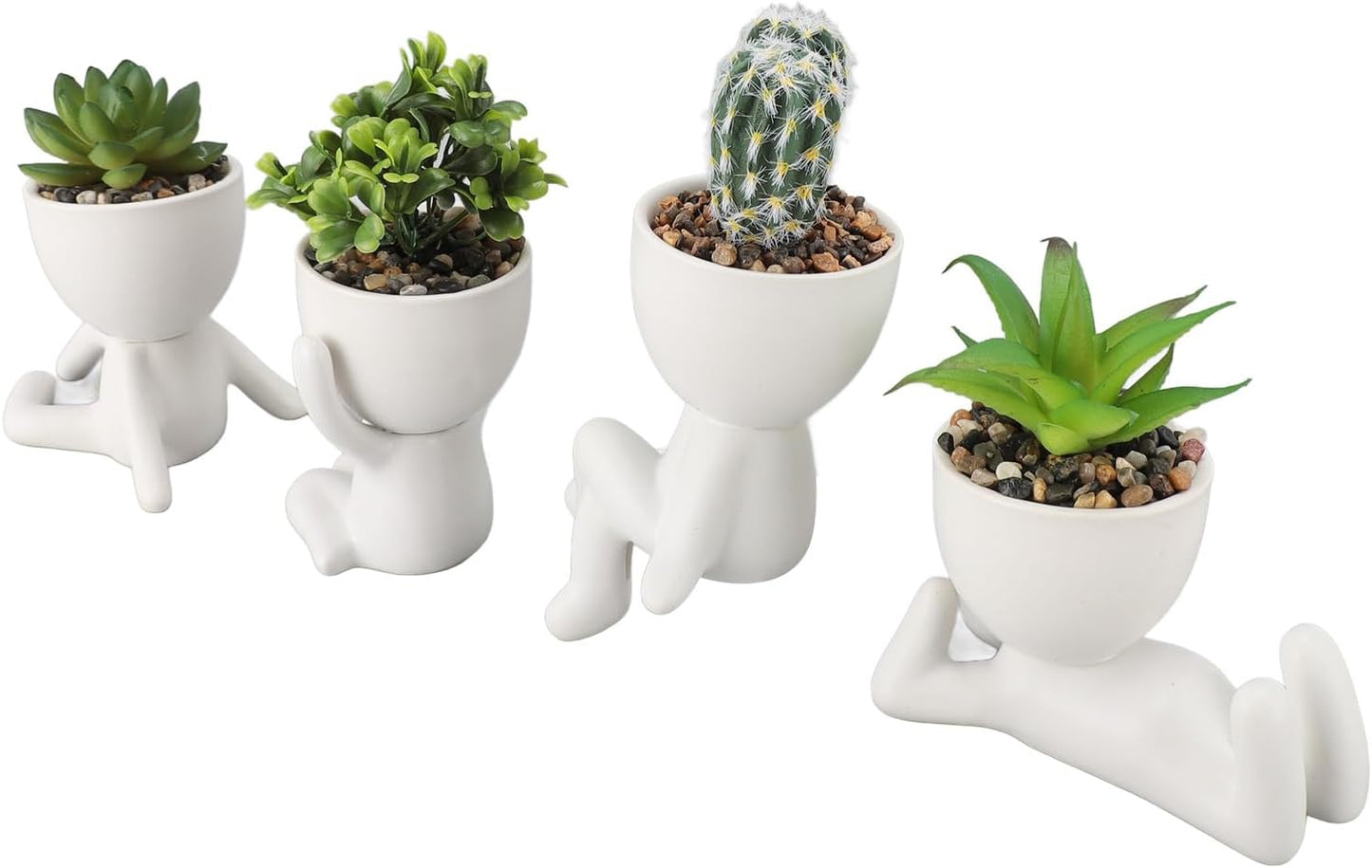 Artificial Succulent Planter Pot Cute Human Shaped Ceramic Plastic Fake Succulents with Pots for Home Office Decoration 4pcs Set