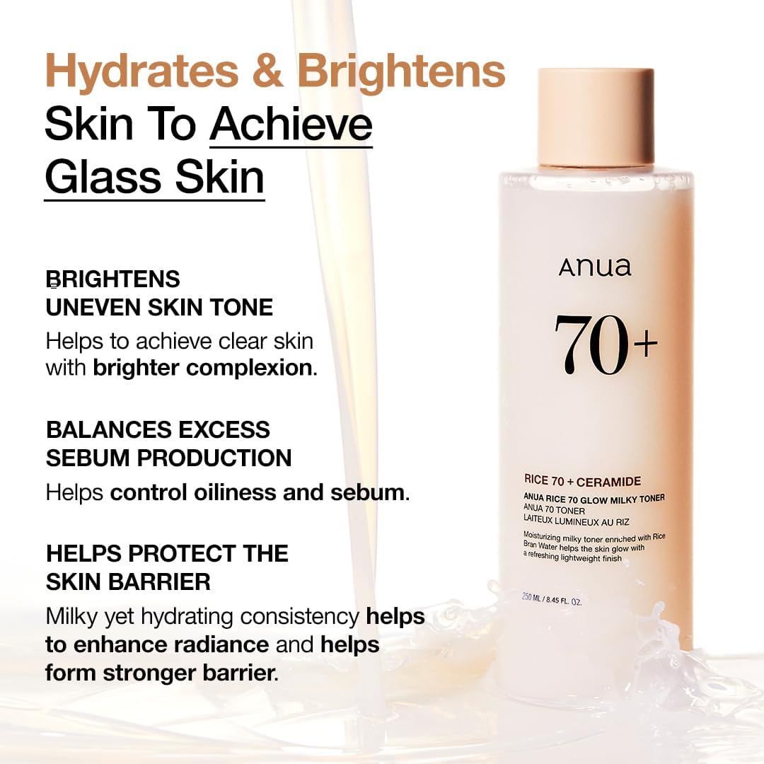 Anua Rice 70 Glow Milky Toner, Glass & Dewy Skin, Hydrating & Barrier 