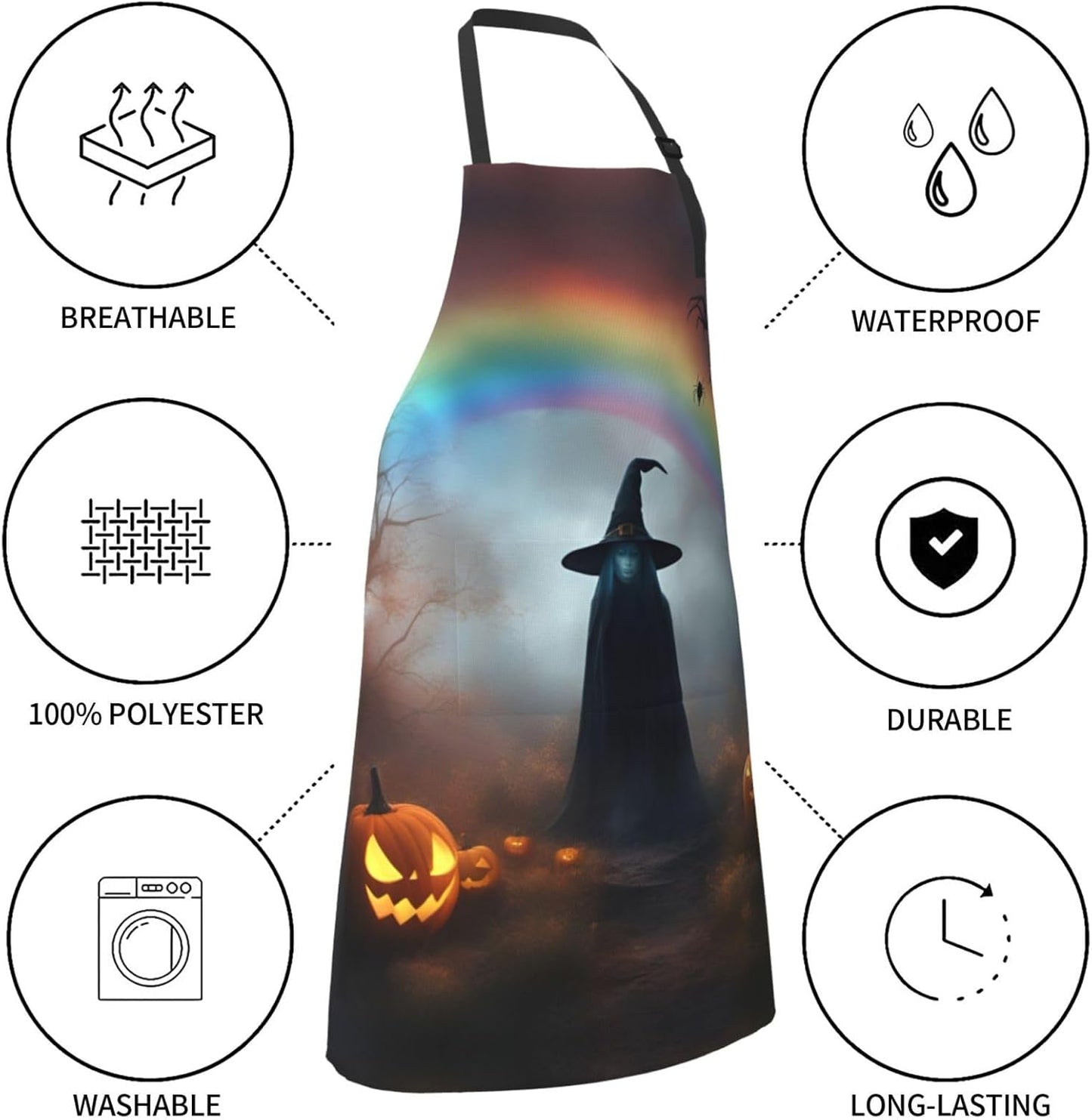 Rainbow Halloween Ghost Witch Hat Spiders print Waterproof chef's apron with pocket apron for kitchen cooking baking barbecue and gardening