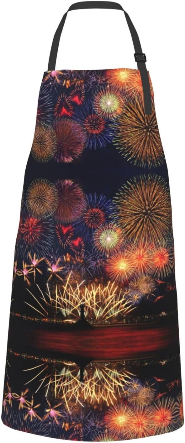 Fireworks Print 28x33 In Adult Kitchen Apron with Pockets Versatile Chef Smock for Cooking Baking