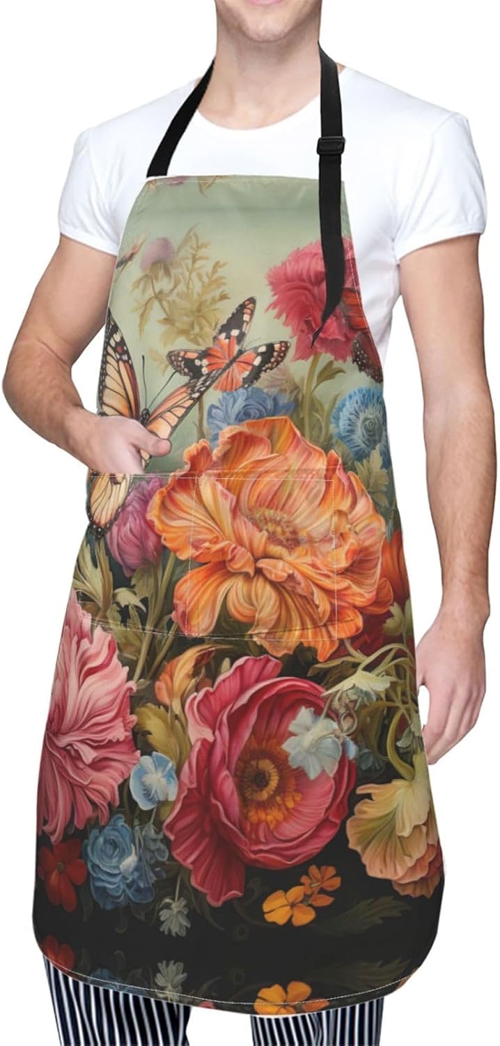 Flowers and Butterfly print Waterproof chef's apron with pocket apron for kitchen cooking baking barbecue and gardening