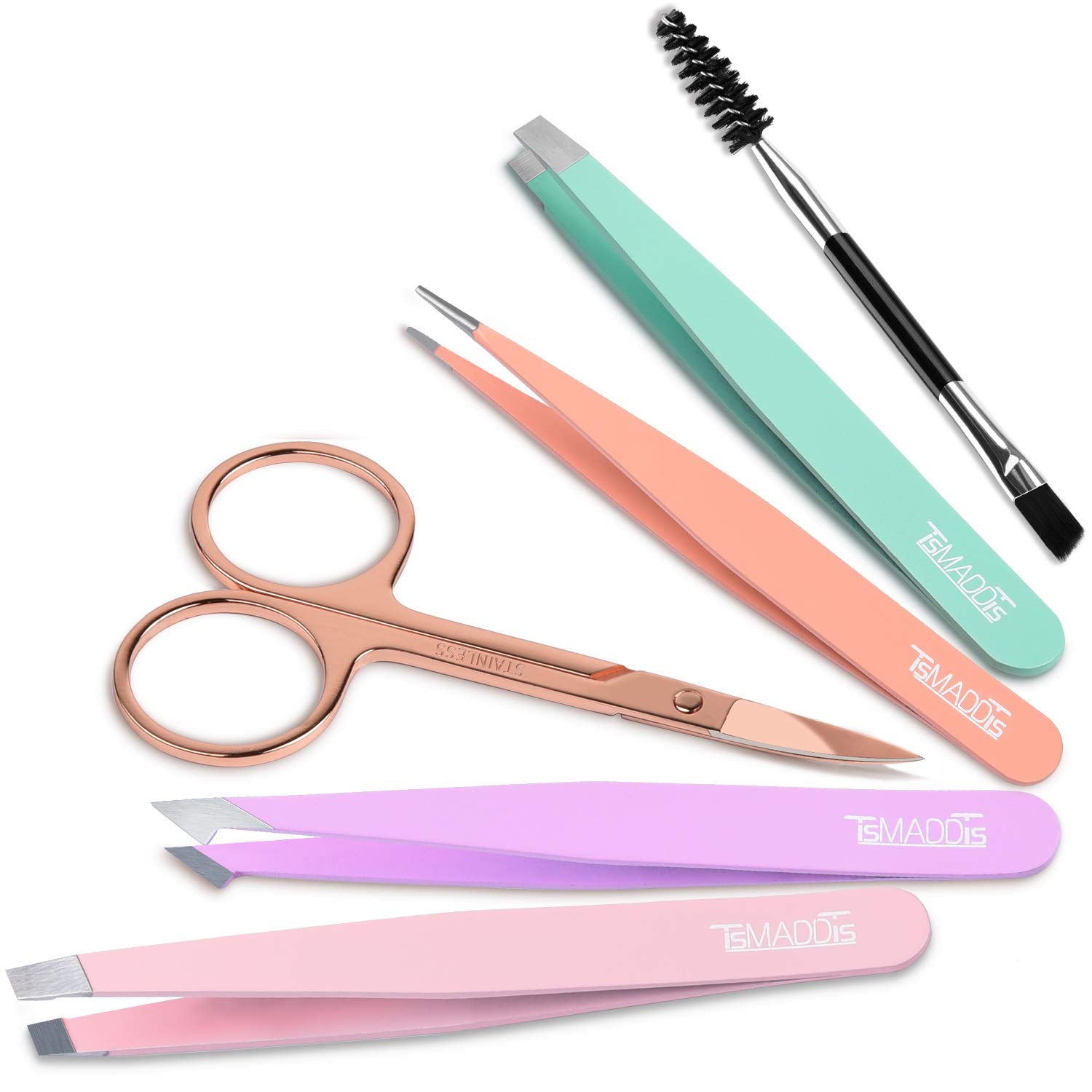 TsMADDTs 6 pcs Tweezers Set for Women, Eyebrow Tweezers with Curved Sc