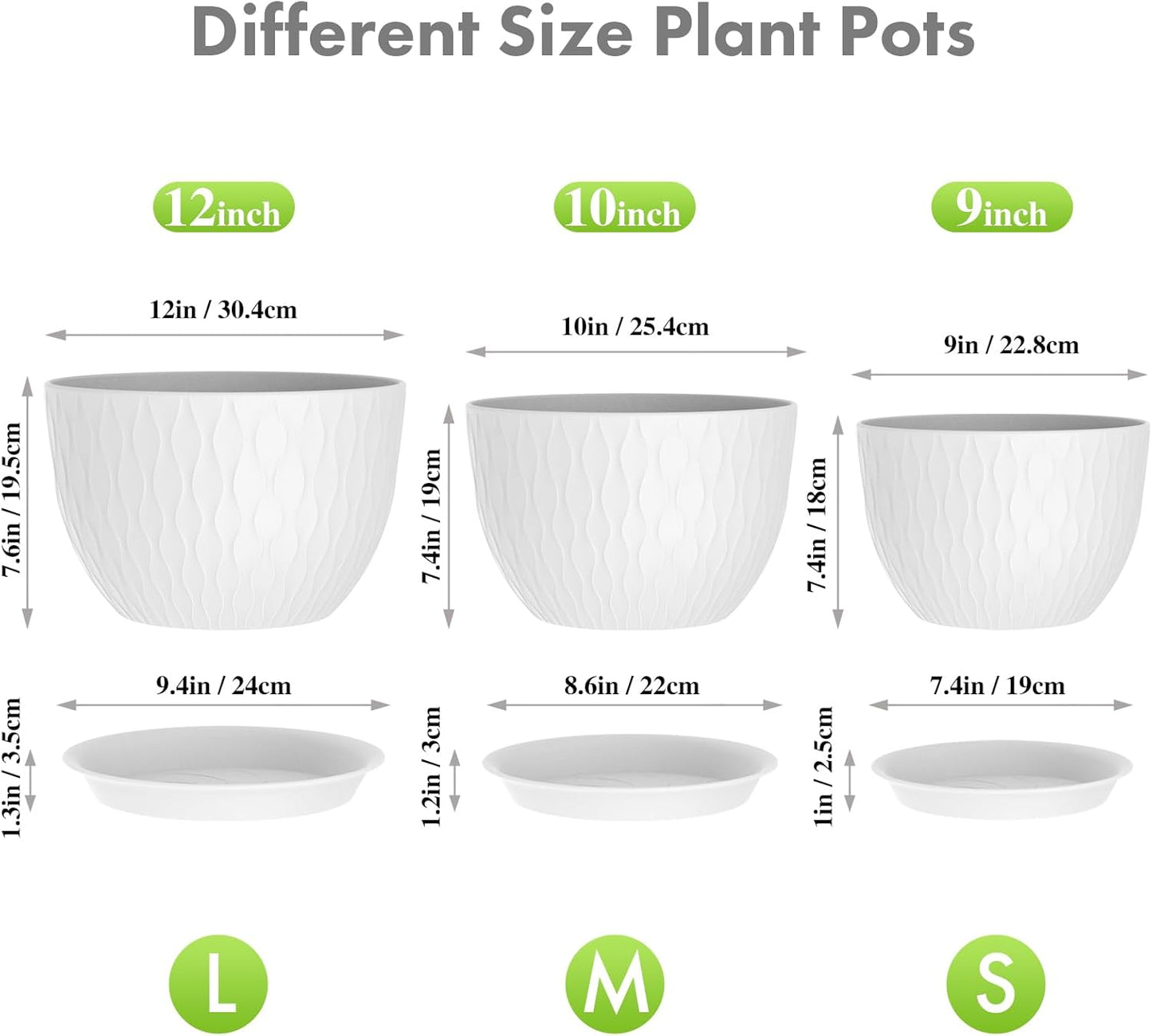 12/10/9 inch Large Plant Pots, 3 Pack Wide Flower Pots for Outdoor Ind