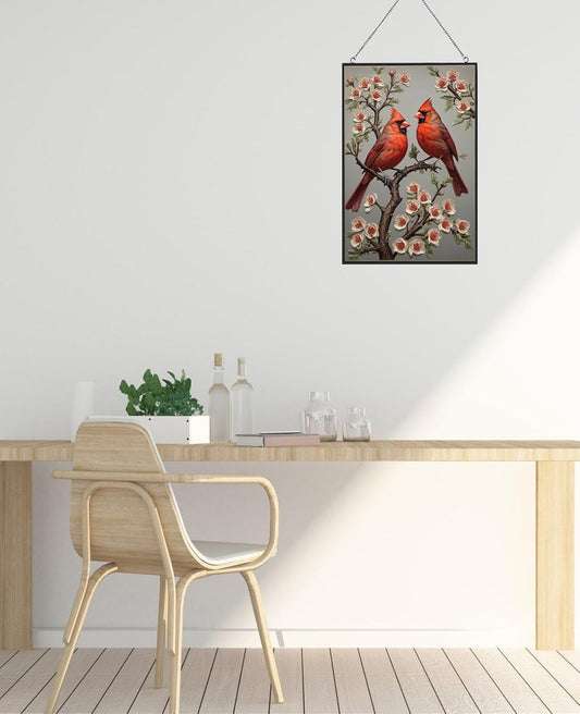 Large Stained Glass Window Hanging, Cardinal Suncatcher, Hand Painted Glass for Bird Lovers - Red Cardinal Memorial Gift for Women (10 x 15in)
