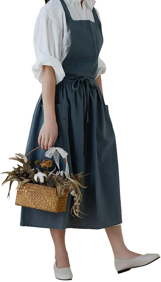 Cotton Pleated Apron Retro Waterdrop Proof Garden Cleaning Pinafore Dr