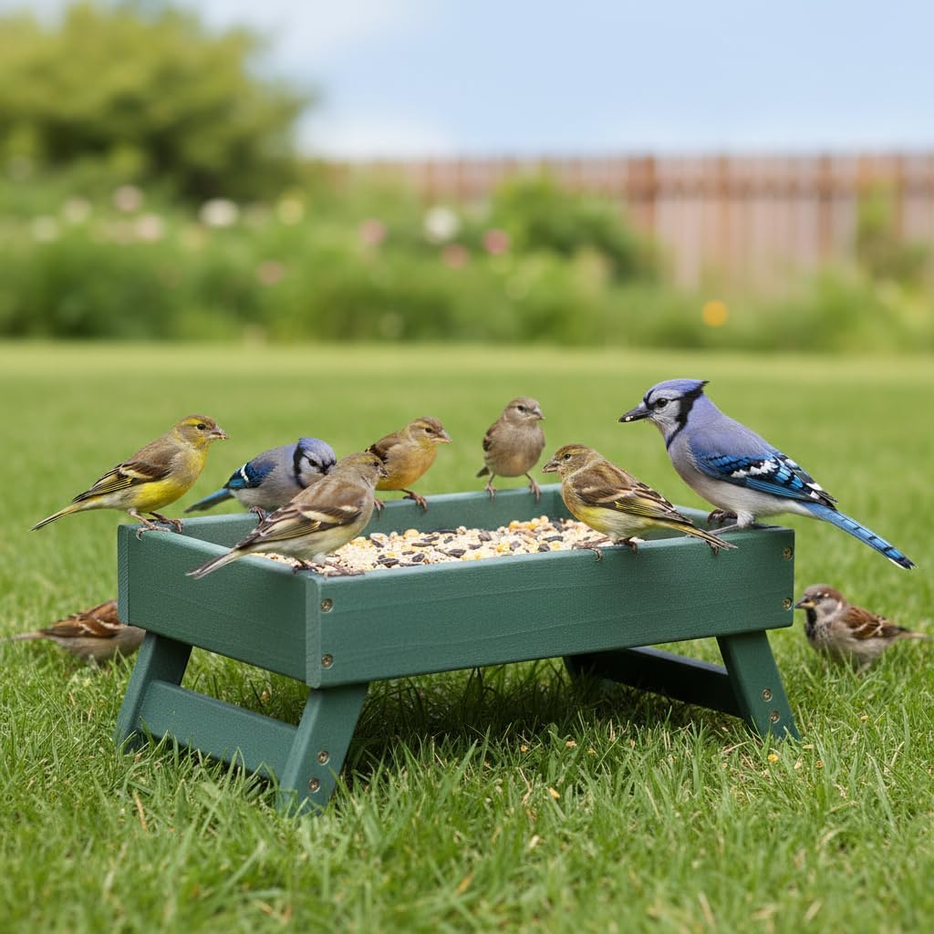 Ground Bird Feeder Tray with Metal Mesh, 5 lb Large Capacity Platform Feeder for Cardinals Blue Jays Doves, Recycled Plastic Outdoor Bird Feeder Stand for Backyard Wild Birds, Squirrels & Chickens