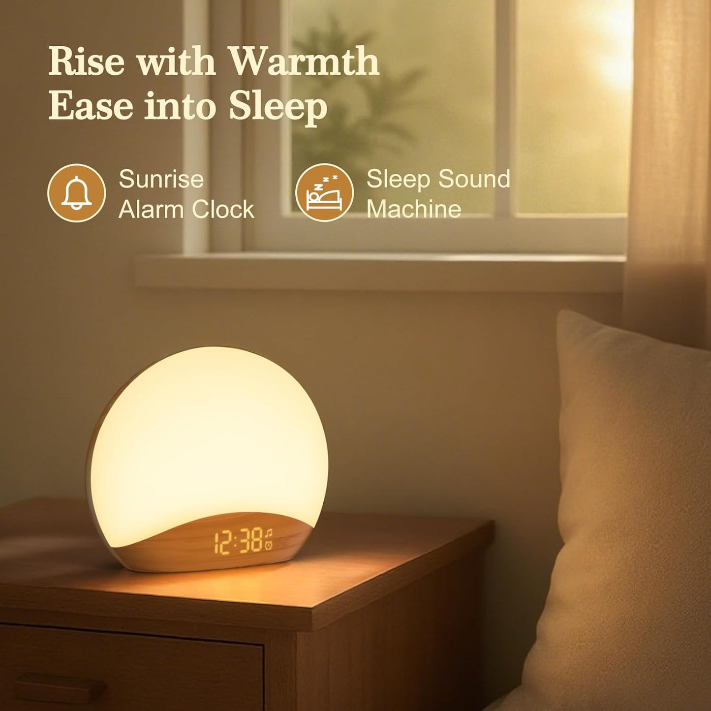 REACHER Wood Grain Sunrise Alarm Clock and Sound Machine Nightlight, D