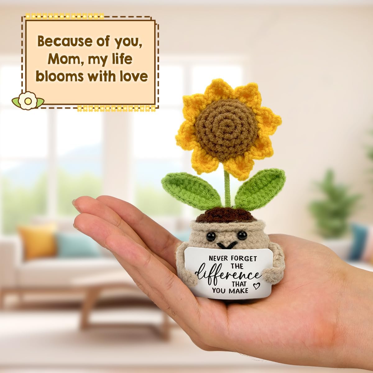 Mini Positive Crochet Sunflower Mothers Day for Mom, Cute Birthday Gifts for Women, Thank You Gifts for Teacher, Coworker, Friends and Sunflower Decor
