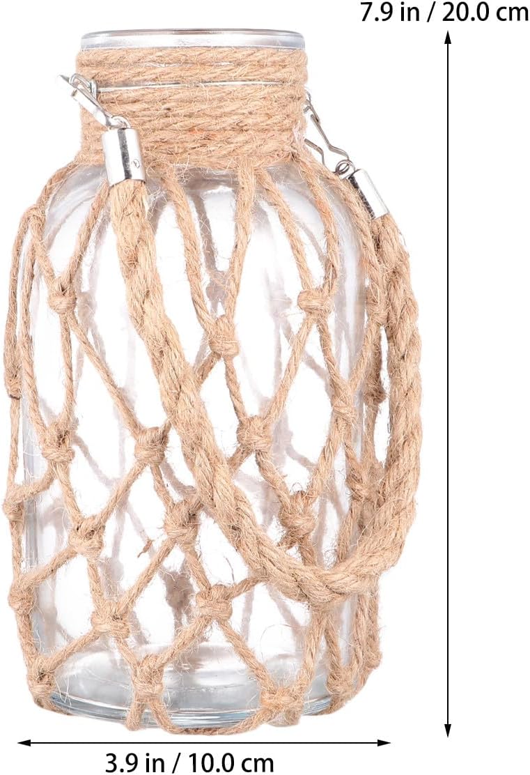 Milisten Rope Glass Vase Hydroponics Flower Pot with Natural Jute Twine Decorative Planter for Home Living Room Office Green Plant Container