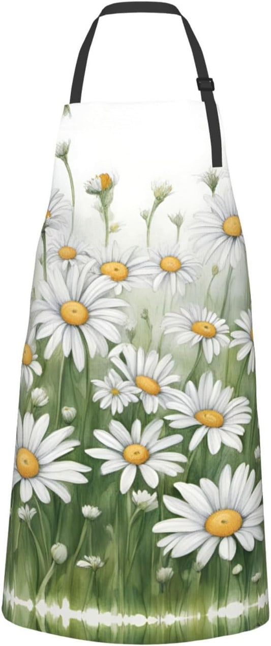 White Daisy print Waterproof apron with pocket adjustable cooking apron for adult kitchen bibs to bake