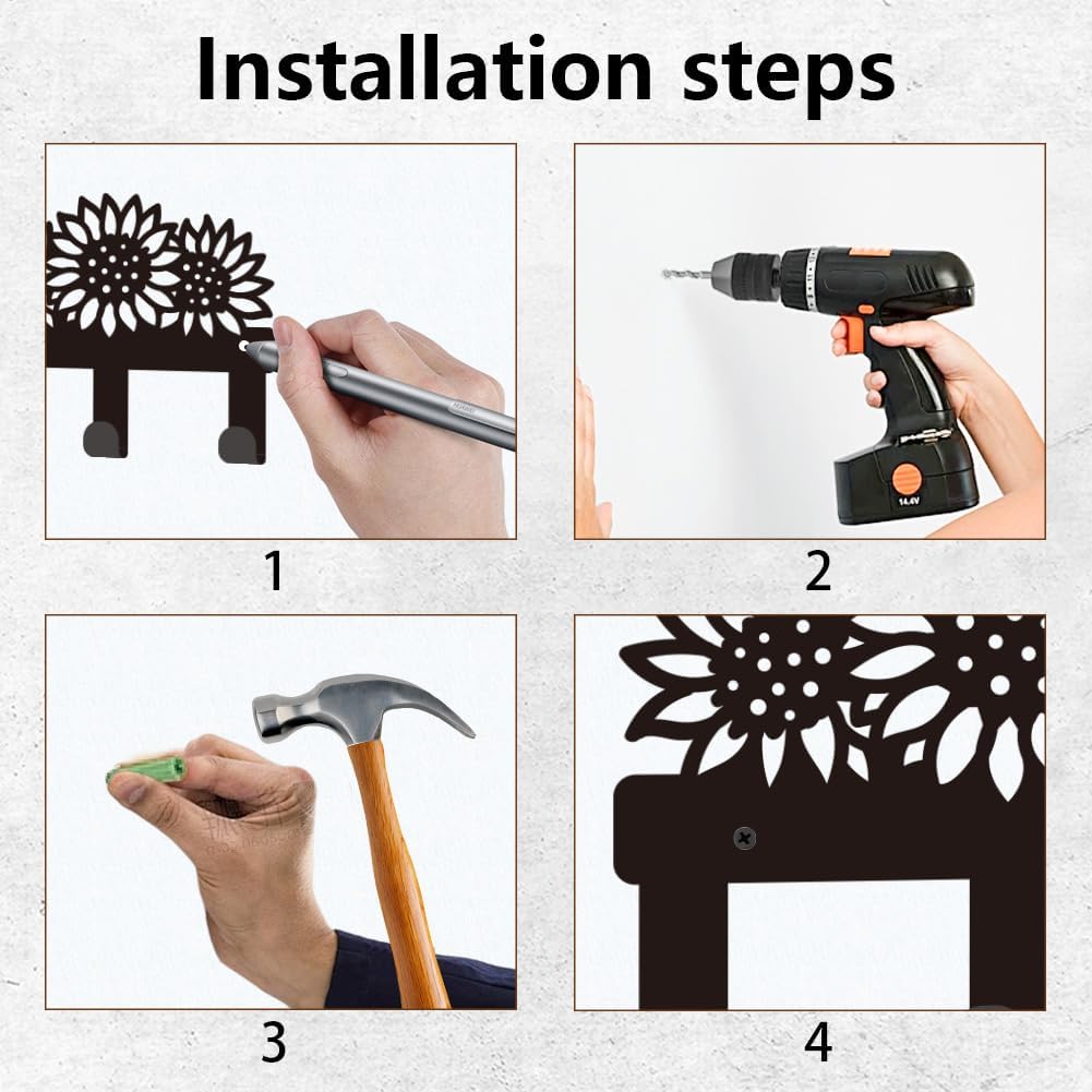 Sunflower Key Holder for Wall, Flower Mini Black Iron Key Hooks Wall M