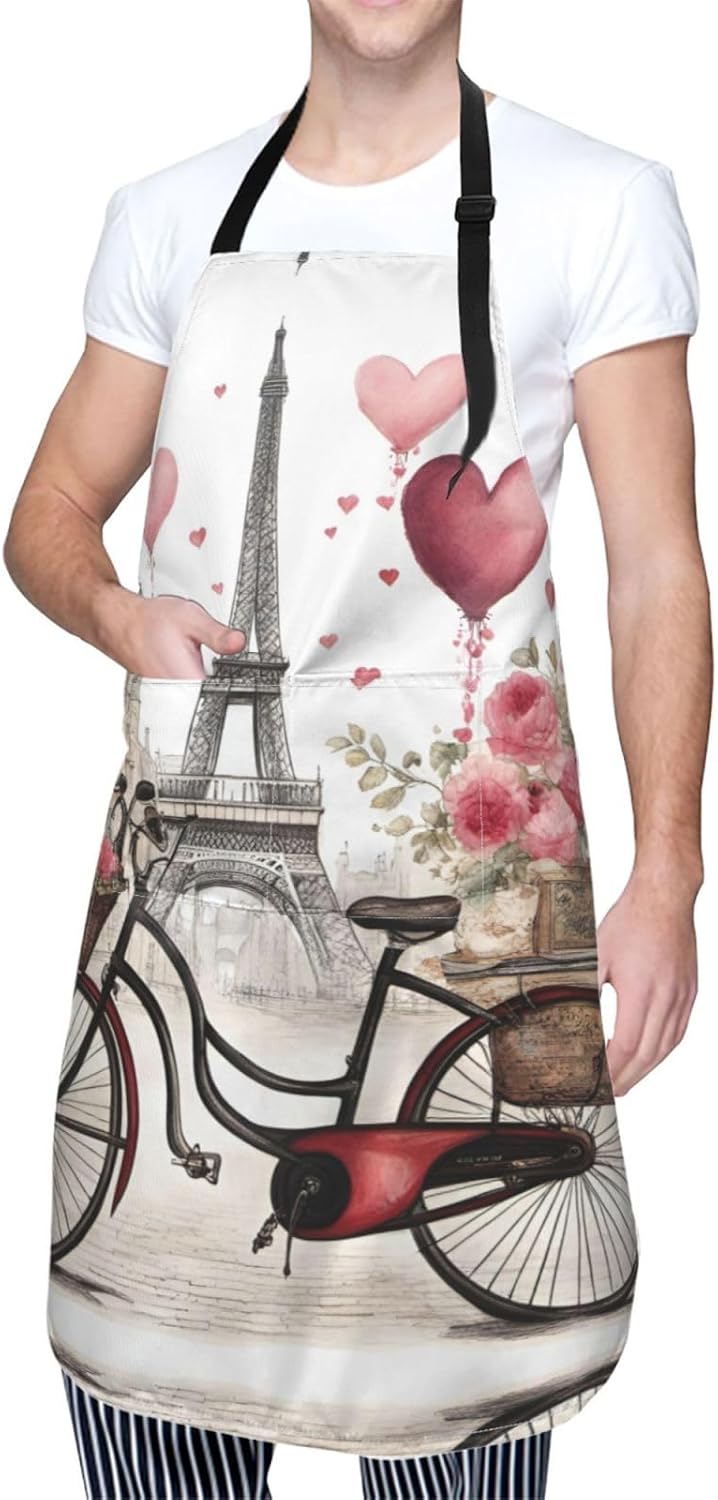 Love Paris Tower Coffee Wine Perfume Bicycle Heart print Waterproof chef's apron with pocket apron for kitchen cooking baking barbecue and gardening
