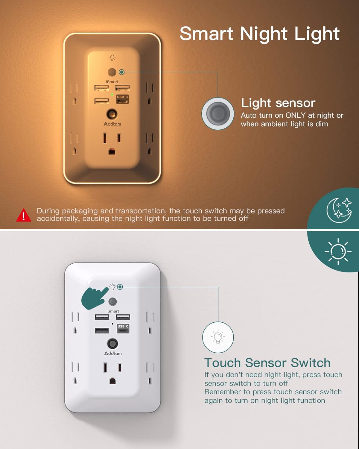 Surge Protector, Outlet Extender with Night Light, Addtam 5-Outlet Spl