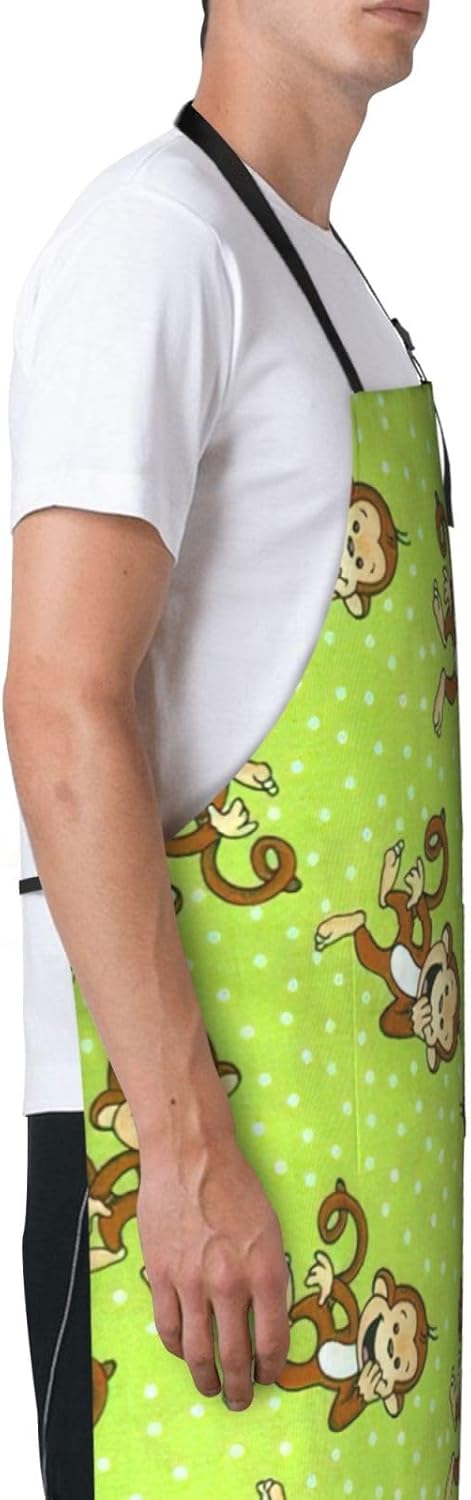 Green Clever Monkey Print Laundry apron 28x33 In Waterproof Kitchen Apron with Pockets for Cooking Baking