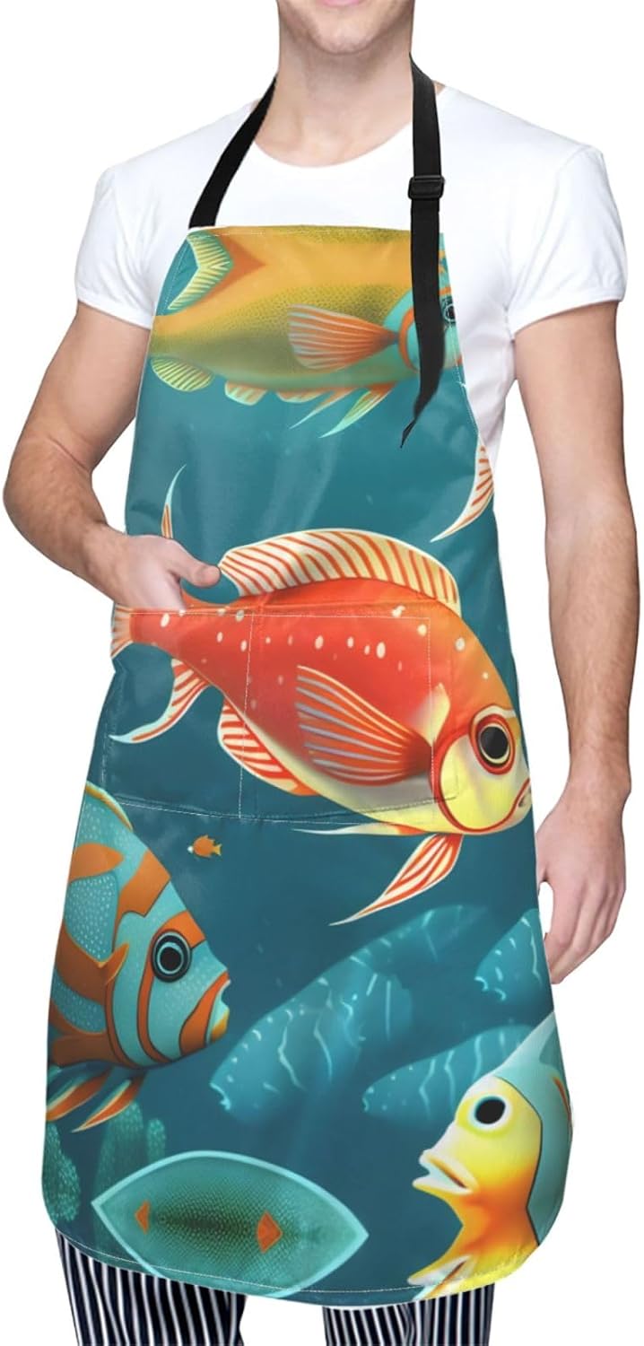 Ocean Underwater Fish Print Laundry apron 28x33 In Waterproof Kitchen Apron with Pockets for Cooking Baking