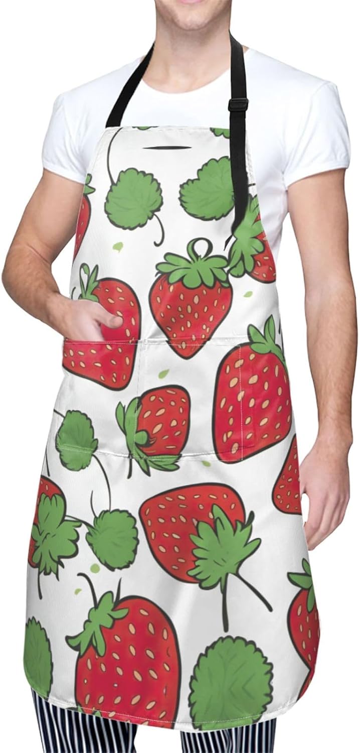 Strawberry pattern print Waterproof chef's apron with pocket apron for kitchen cooking baking barbecue and gardening