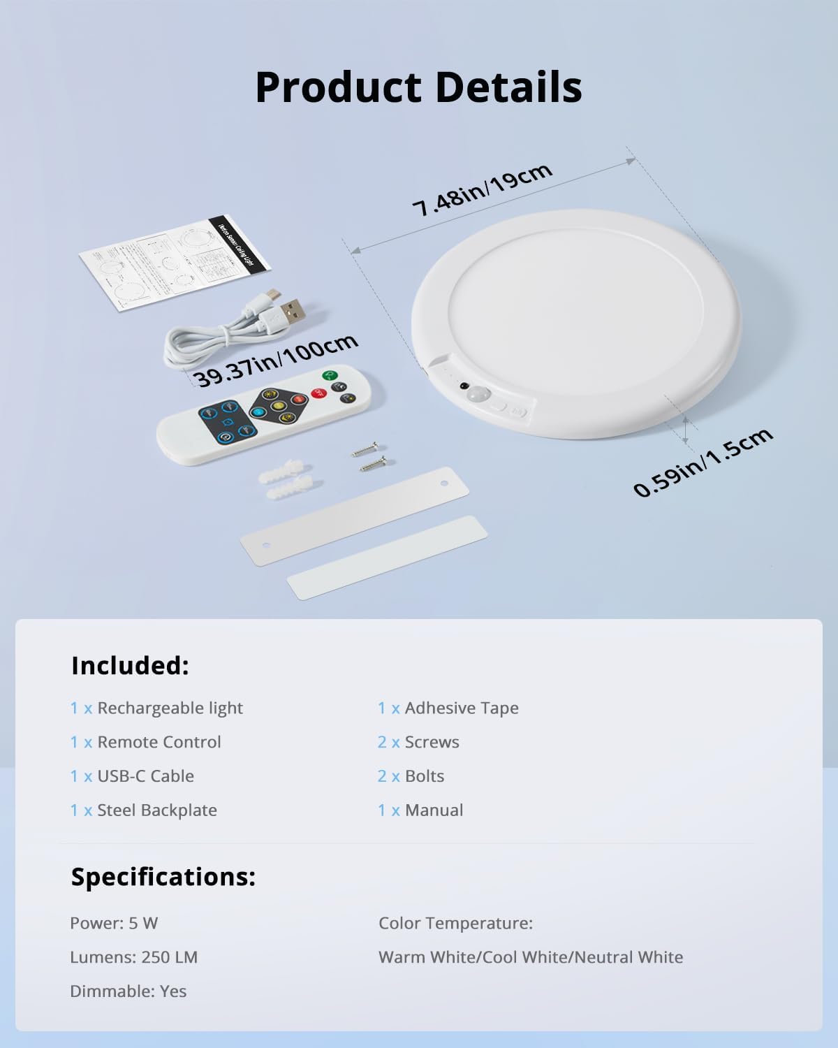 Combuh Battery Operated Shower Light Waterproof Inside, Rechargeable Motion Sensor Ceiling Lights Battery Powered with Remote, No Wiring Magnetic Cordless LED Overhead Lighting for Closet Hallway