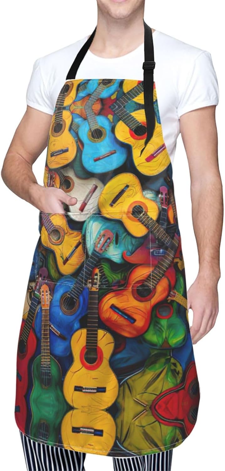 Color Acoustic and Guitars print Waterproof chef's apron with pocket a