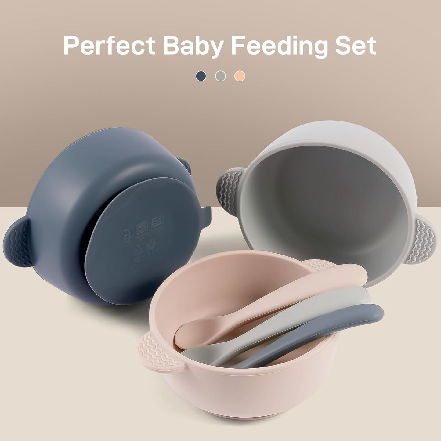 Silicone Baby Feeding Set, 3 Pack Baby Bowls with Suction and 3 Pack B