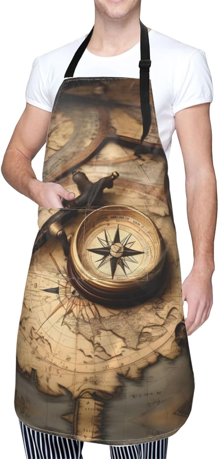 Compass and Old World Map Print Laundry apron 28x33 In Waterproof Kitchen Apron with Pockets for Cooking Baking