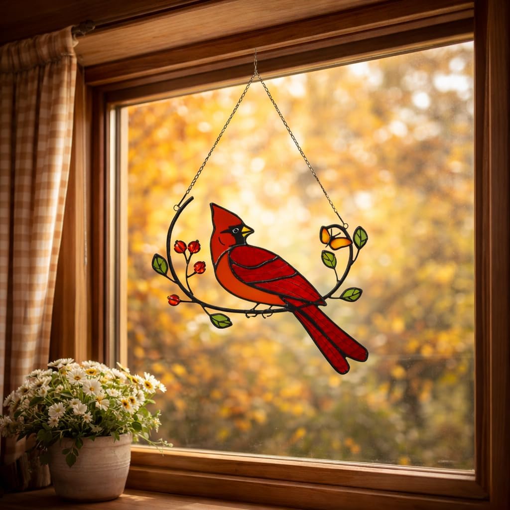 Glass Cardinal Bird Stained Glass Window Hanging Suncatcher Indoor Panel, Nautical Suncatcher Decor for Home, Wall, Garden, Coastal Ornament, Gift for Women and Mom