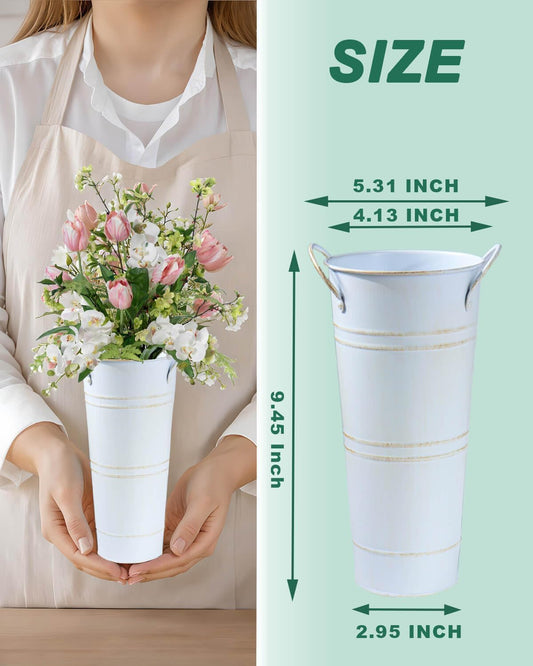 Vensovo Metal Flower Bucket Vase with Handles, 9 Inch White Rustic Farmhouse Centerpiece for Spring Home Decor & Wedding, Set of 2