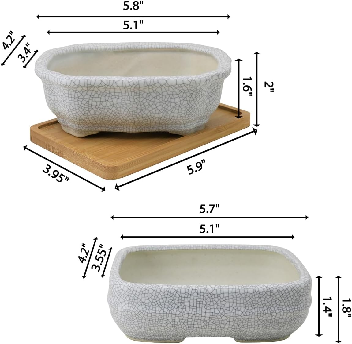 MUZHI 2 Pack Amazing Ice Crack Glazed Ceramic Bonsai Pot White Color 5 Inch with Bamboo Tray, Plant Pot Succulent Planter for Office Home Garden Decor Gift