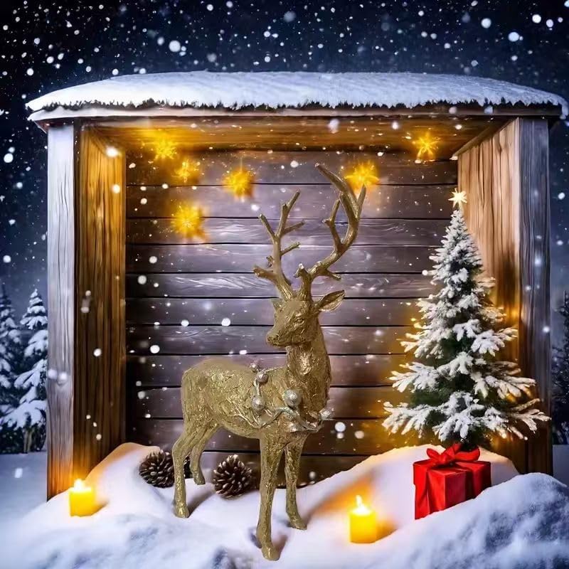 Elegant Golden Deer Sculpture with Large Antlers, Modern Resin Animal Statue with Metallic Finish for Outdoor Garden, Lawn, Patio, Living Room Decor, Striking Christmas & New Year Festival Gift