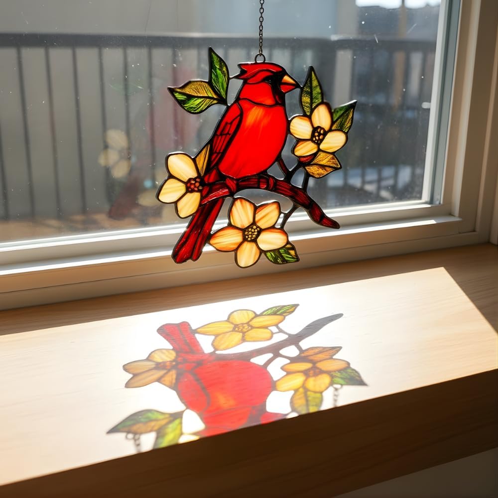 Cardinal Handmade Resin Suncatchers Red Bird Memorial Sympathy, Artisan Sun Catcher Stained Glass Effect Window Hanging Garden Decor, Valentines Day Gift for Women Mom Wife