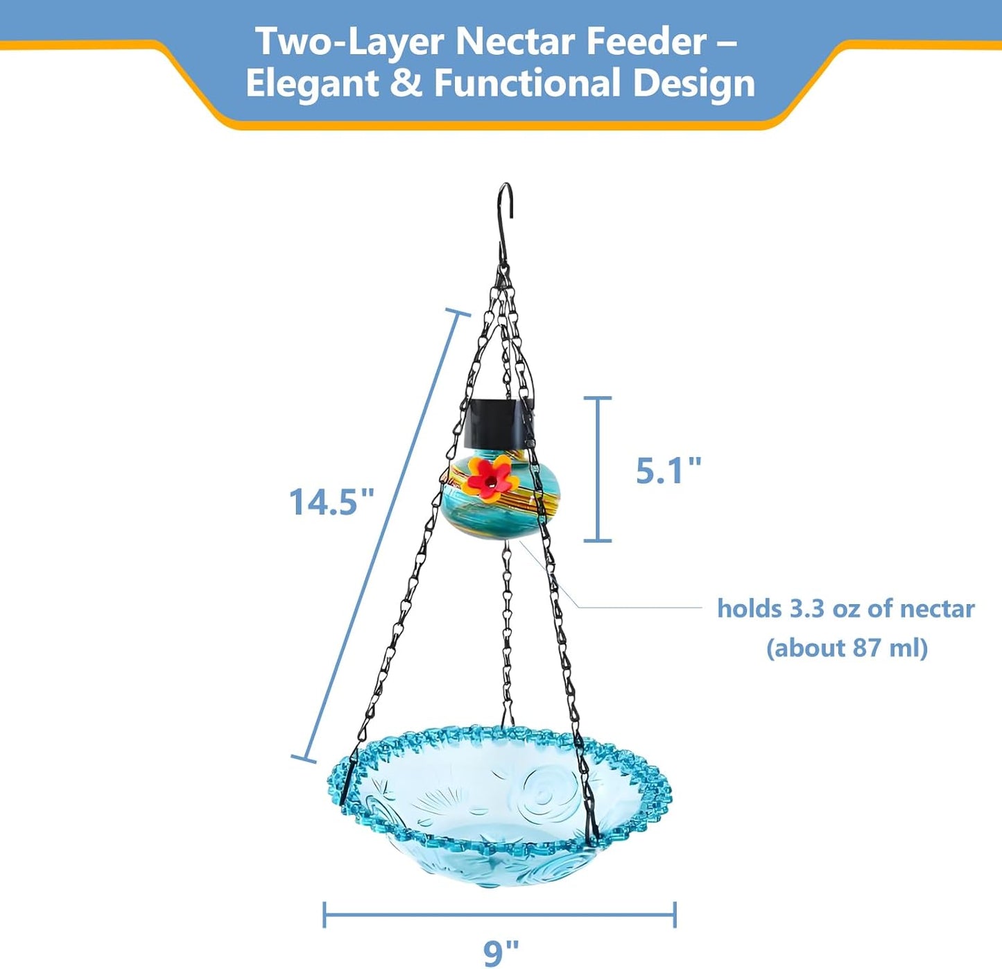 Hummingbird Feeder with Solar Light, Outdoor Hanging Glass Bird Feeder for Garden Patio, Solar Powered Lantern Design, Decorative Nectar Feeder