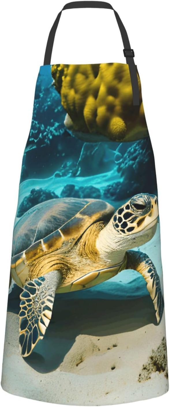 YANYU Sea Turtle Print 28x33 In Kitchen Apron Stylish Chef Apron with Pockets for Cooking Baking Painting