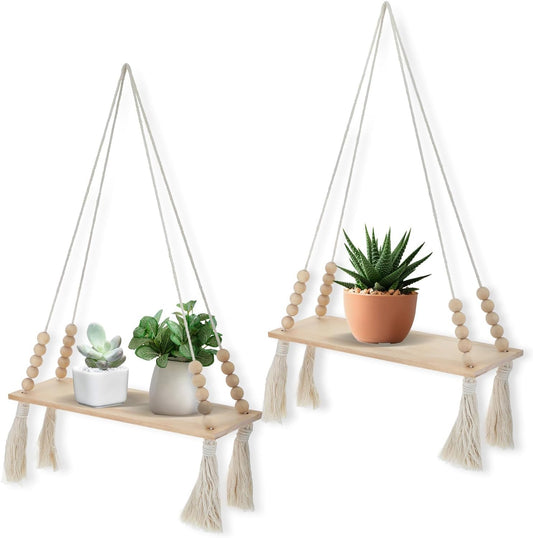 2 Pcs Wooden Wall Hanging Shelves, Macrame Hanging Plant Shelf with Tassel,Boho Storage Floating Shelves Handmade Rustic Hanger Planter Rack Pot Stand Holder for Bedroom Dorm Nursery Living Room