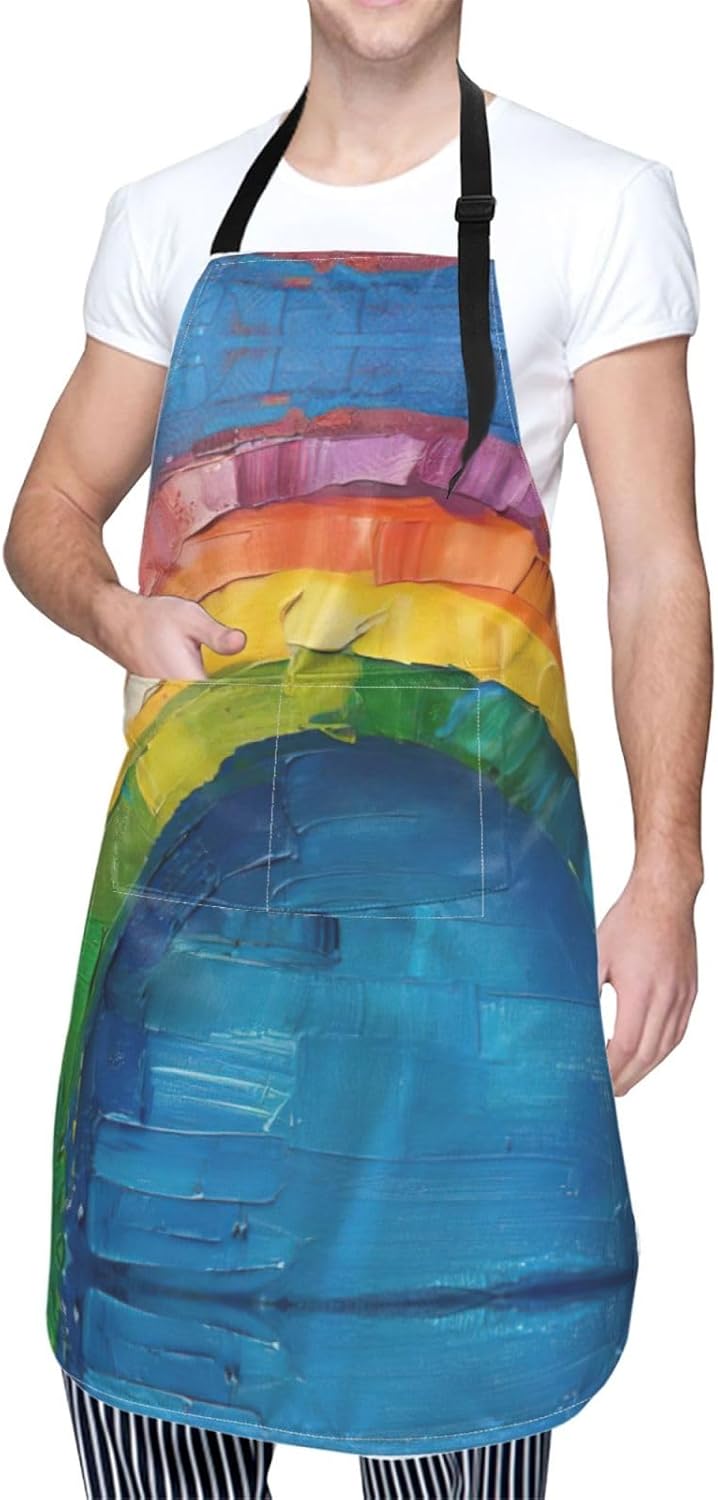 Small rainbow print Waterproof chef's apron with pocket apron for kitchen cooking baking barbecue and gardening