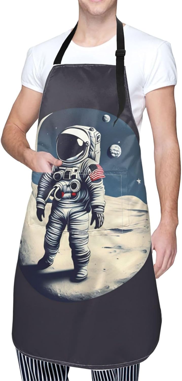 Astronaut on The Moon print Waterproof chef's apron with pocket apron for kitchen cooking baking barbecue and gardening