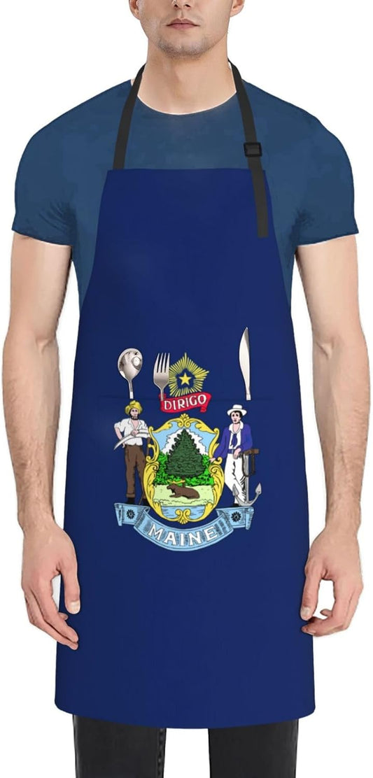 Maine State Flag print Waterproof chef's apron with pocket apron for kitchen cooking baking barbecue and gardening