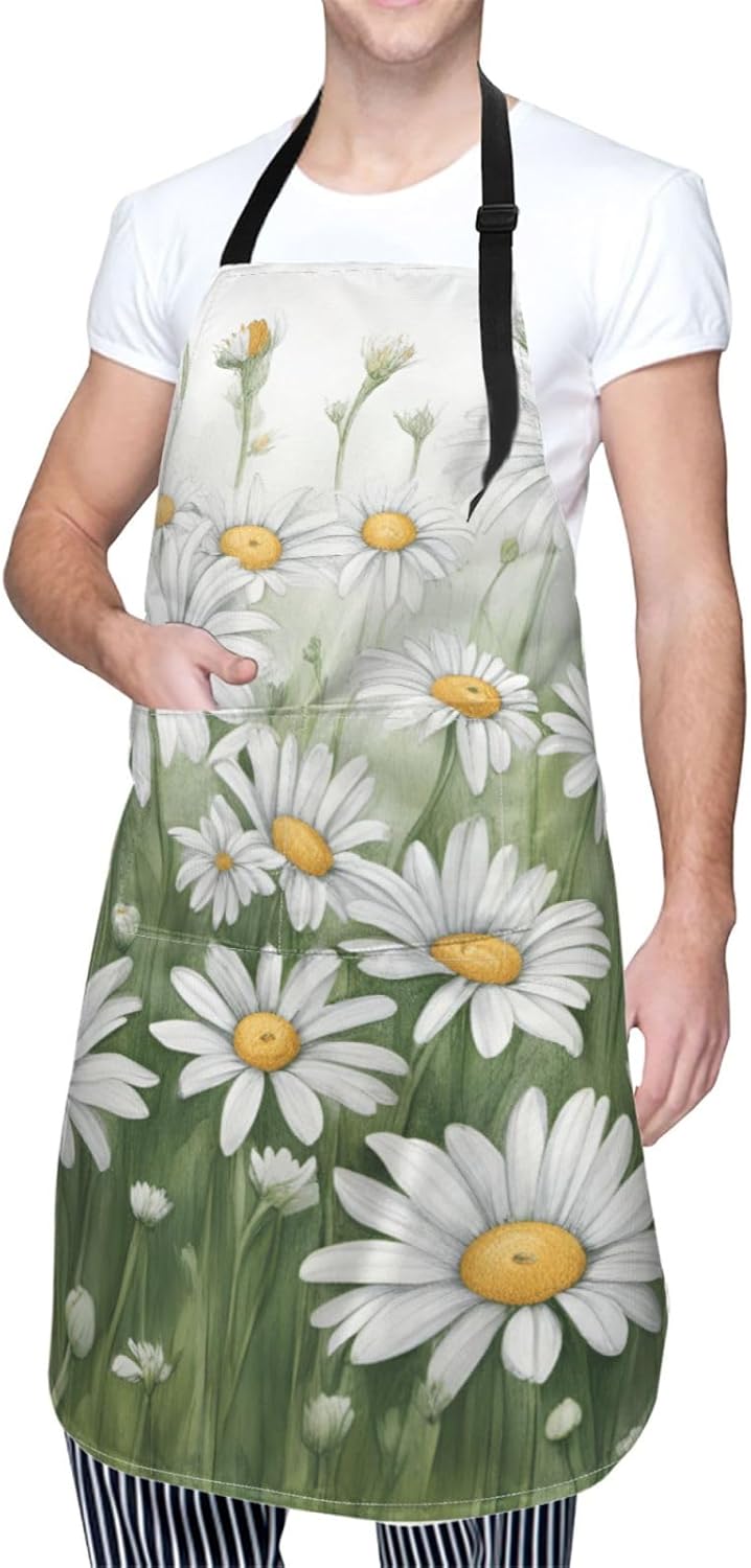 YANYU White Daisy Print 28x33 In Kitchen Apron Stylish Chef Apron with Pockets for Cooking Baking Painting