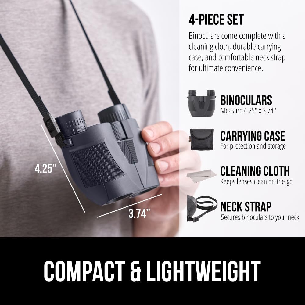 GORILLA GRIP 10x25 Compact Binoculars for Adults with Strap, Superior High Powered Clear 10X Magnification, Lightweight, Bird Watching, Hunting, Stargazing, Adjustable Eye Cups, Black