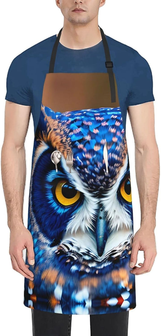 Blue Owl 1 print Waterproof chef's apron with pocket apron for kitchen cooking baking barbecue and gardening