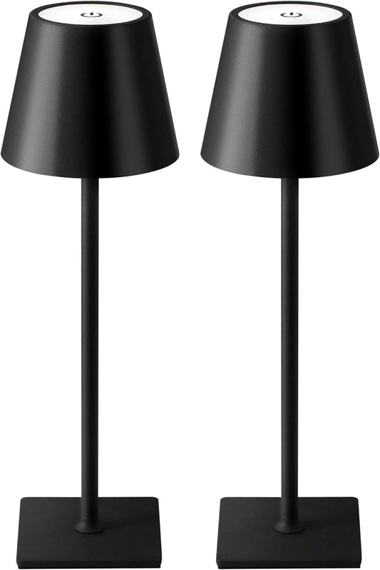 KDG 2 Pack Cordless Table Lamp, Portable LED Desk Lamps, 5000mAh Battery Operated, 3 Color Stepless Dimming Up, for Restaurant, Bedroom, Outdoor Camping, Coffee Shop, Night Light, Rechargeable (Black)