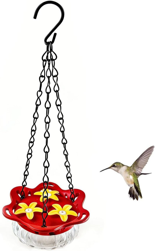 Glass Hummingbird Feeder for Outdoors, 3.4OZ Handheld Top Fill Hanging Humming Bird Nectar Feeders 3 Bee Flower Feeding Ports, Chain & S Hook, Outsides Backyard Decor, Clean, 1 Pack