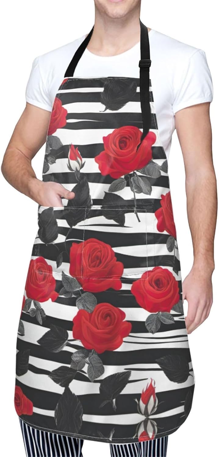 Black White Stripes Red Rose Flowers print Waterproof chef's apron wit